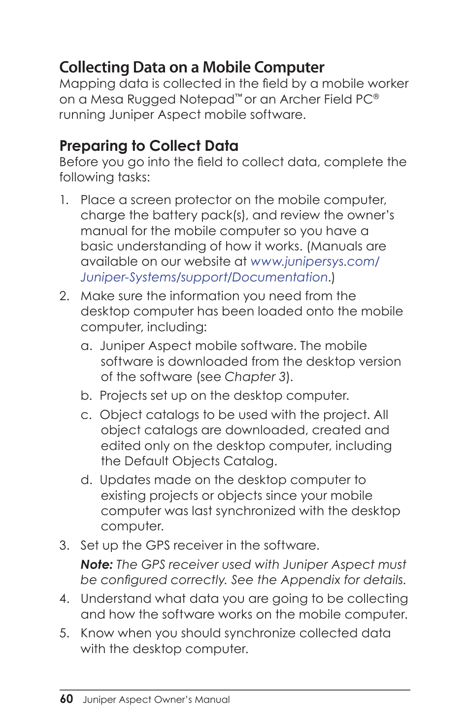 Preparing to collect data, Collecting data on a mobile computer | Juniper Systems Juniper Aspect User Manual | Page 64 / 135