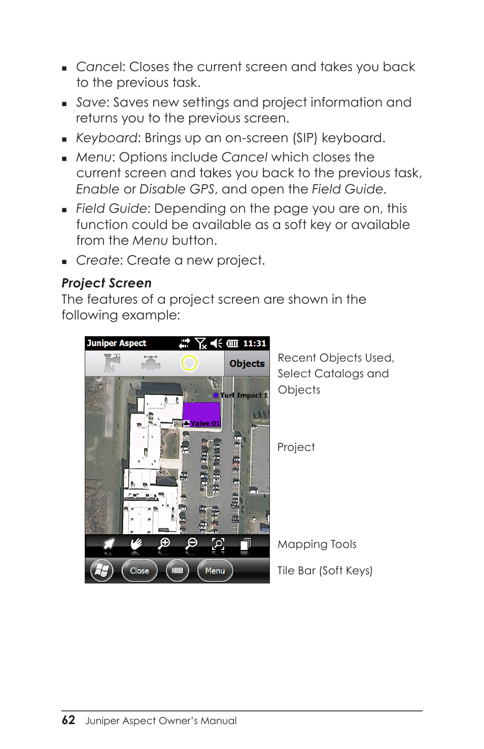 Keyboard : brings up an on-screen (sip) keyboard | Juniper Systems Juniper Aspect User Manual | Page 66 / 135