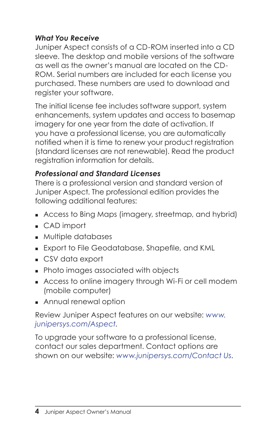 Cad import, Multiple databases, Export to file geodatabase, shapefile, and kml | Csv data export, Photo images associated with objects | Juniper Systems Juniper Aspect User Manual | Page 8 / 135