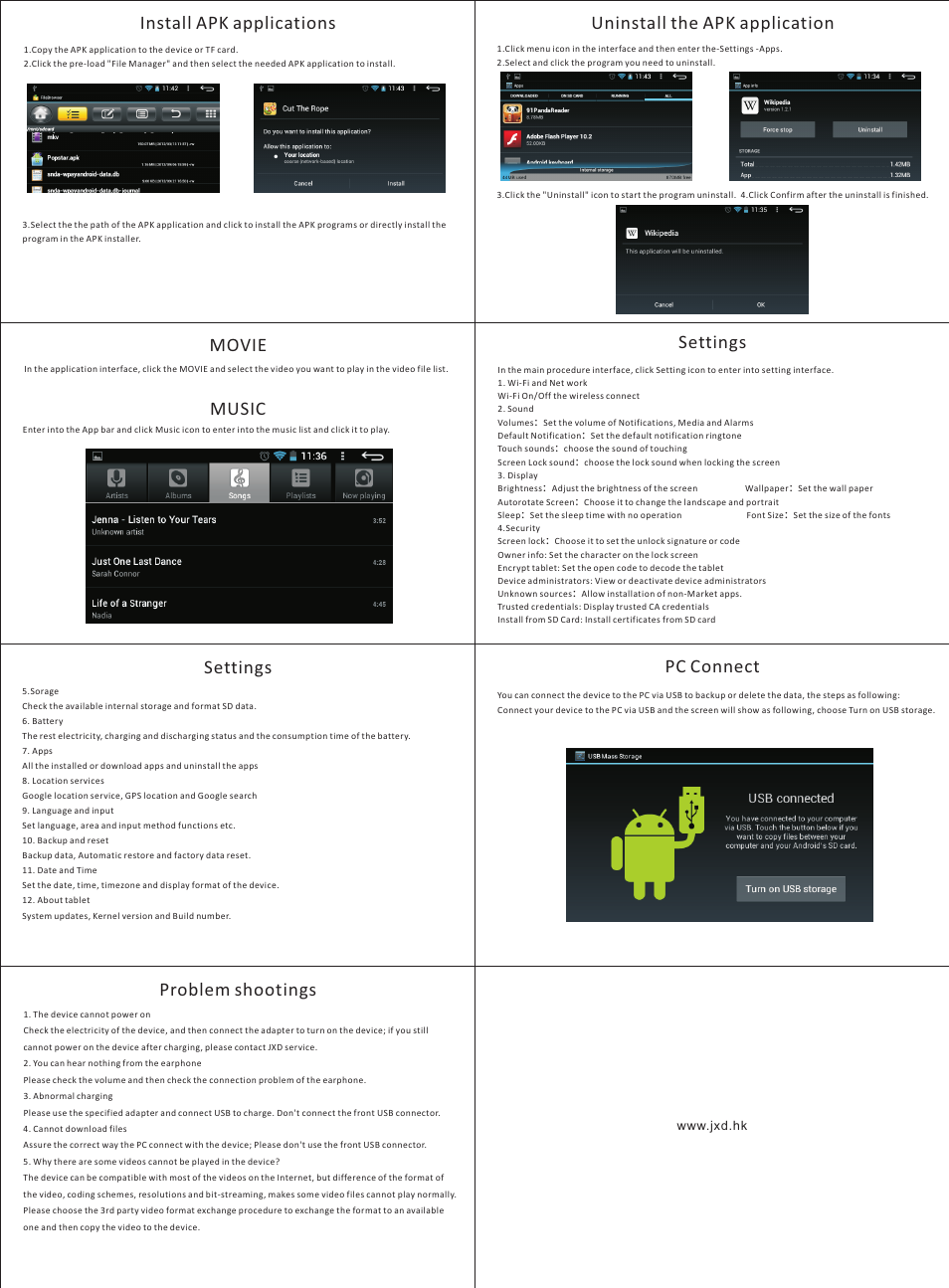 Install apk applications, Uninstall the apk application, Movie | Music, Settings, Pc connect, Problem shootings | JXD S18 User Manual | Page 2 / 2