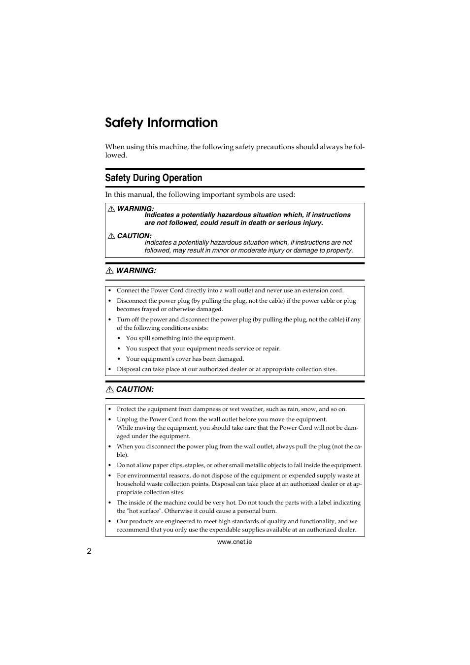 Safety information, Safety during operation | CNET ecopy Printer/Fax/Scanner/Copier User Manual | Page 10 / 222