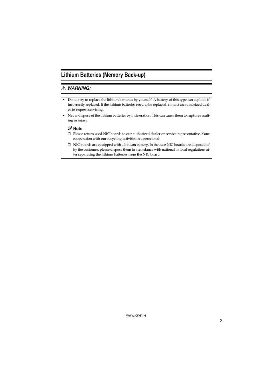 Lithium batteries (memory back-up) | CNET ecopy Printer/Fax/Scanner/Copier User Manual | Page 11 / 222