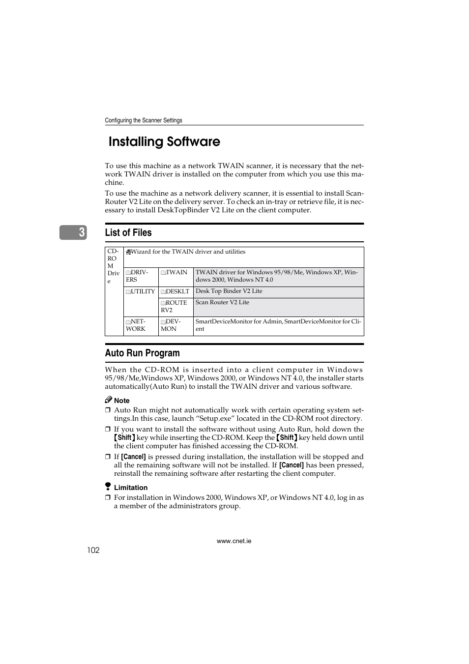 Installing software, List of files, Auto run program | List of files auto run program, 3installing software | CNET ecopy Printer/Fax/Scanner/Copier User Manual | Page 110 / 222