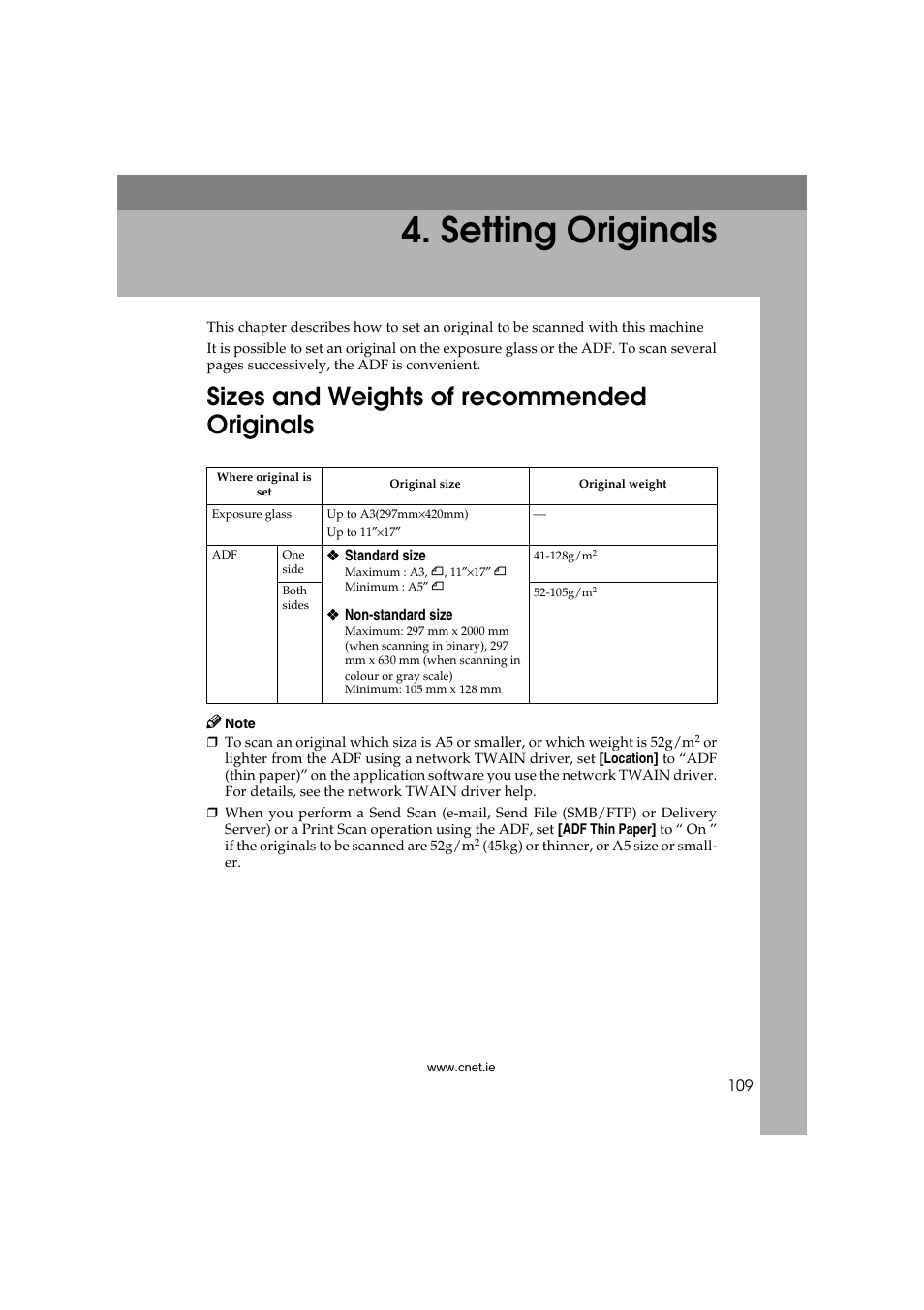  setting originals, Sizes and weights of recommended originals, Se tting o riginals | Setting originals | CNET ecopy Printer/Fax/Scanner/Copier User Manual | Page 117 / 222
