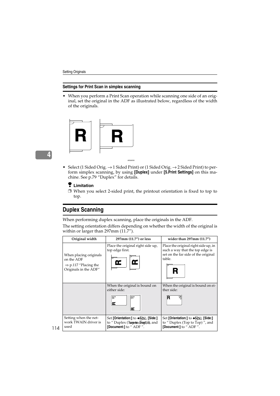 Settings for print scan in simplex scanning, Duplex scanning | CNET ecopy Printer/Fax/Scanner/Copier User Manual | Page 122 / 222