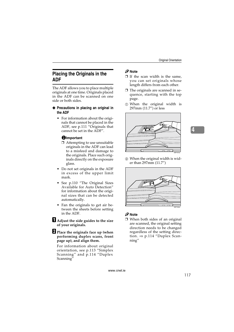 Placing the originals in the adf, P.117 “placing the, Originals in the adf | CNET ecopy Printer/Fax/Scanner/Copier User Manual | Page 125 / 222