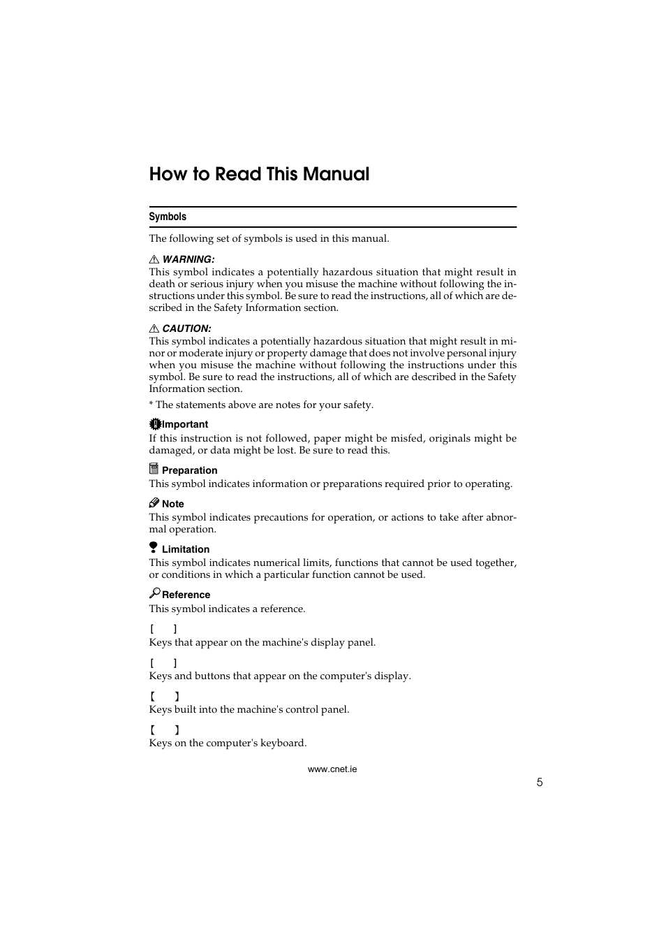 How to read this manual, Symbols | CNET ecopy Printer/Fax/Scanner/Copier User Manual | Page 13 / 222