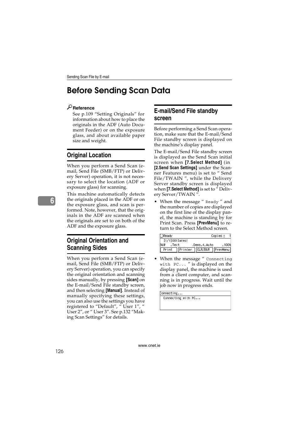 Before sending scan data, Original location, Original orientation and scanning sides | E-mail/send file standby screen, P.126 “before sending scan, Data, 6before sending scan data | CNET ecopy Printer/Fax/Scanner/Copier User Manual | Page 134 / 222