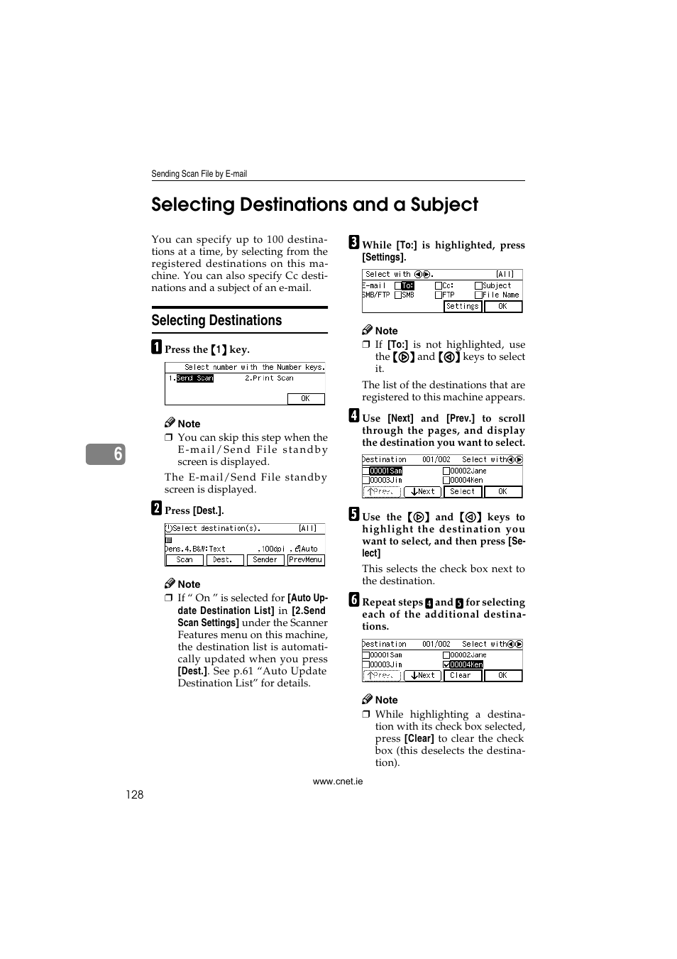 Selecting destinations and a subject, Selecting destinations, P.128 “selecting destina | Tions, 6selecting destinations and a subject | CNET ecopy Printer/Fax/Scanner/Copier User Manual | Page 136 / 222