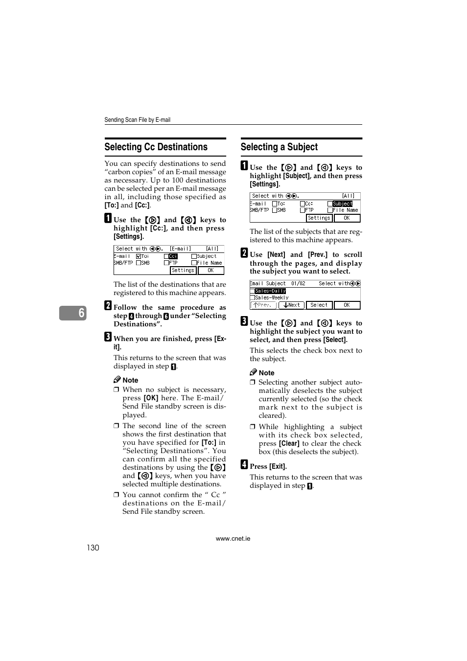 Selecting cc destinations, Selecting a subject, Selecting cc destinations selecting a subject | P.130 “selecting cc destina, Tions, P.130 “selecting a subject | CNET ecopy Printer/Fax/Scanner/Copier User Manual | Page 138 / 222