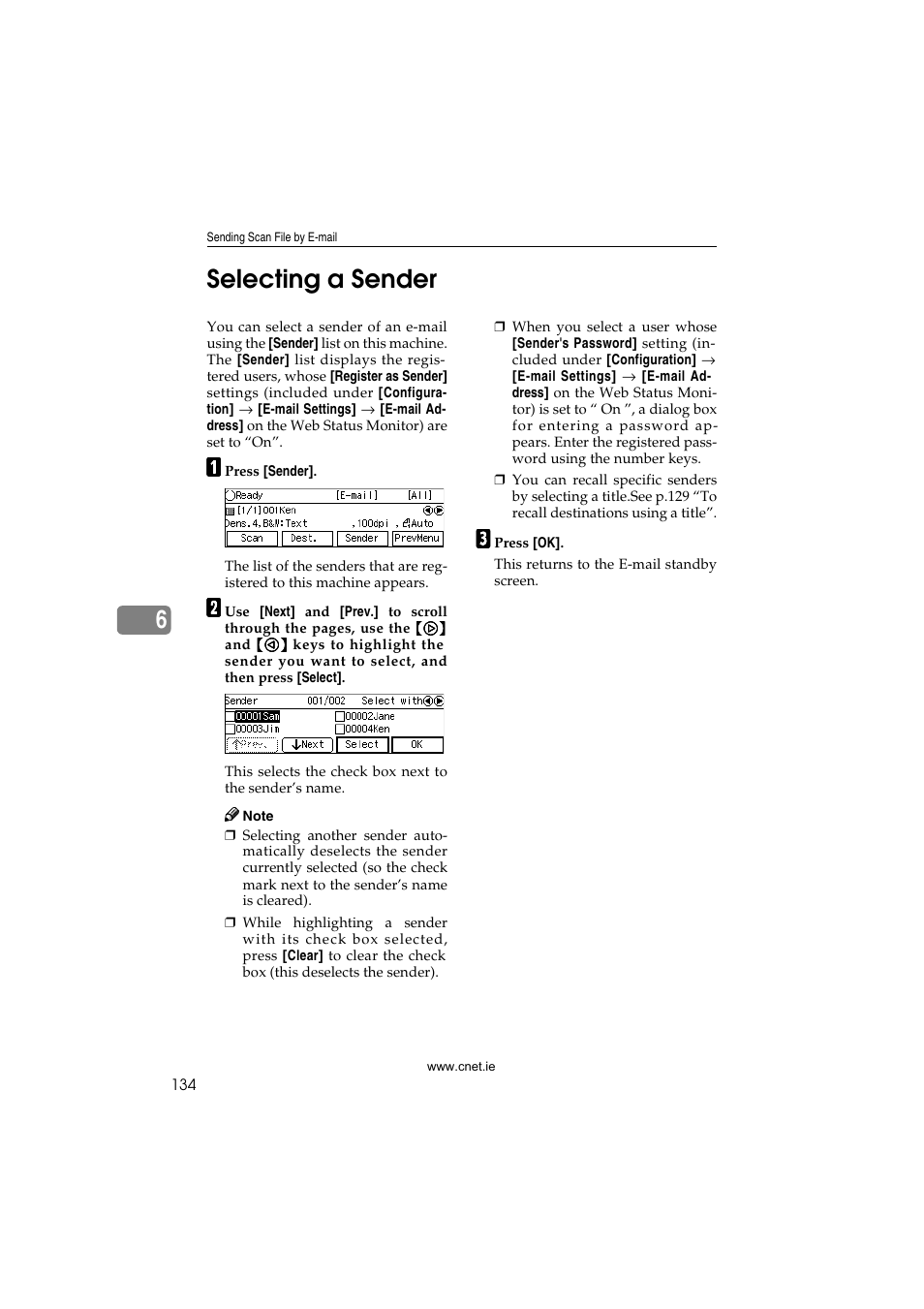 Selecting a sender, P.134 “selecting a sender, 6selecting a sender | CNET ecopy Printer/Fax/Scanner/Copier User Manual | Page 142 / 222
