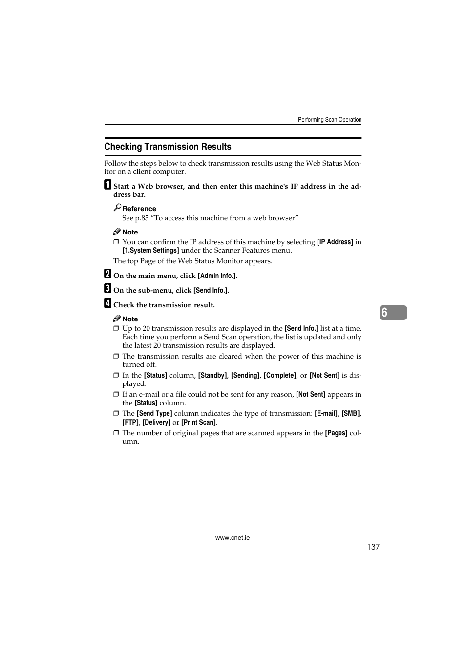 Checking transmission results, P.137 “checking transmis, Sion results | CNET ecopy Printer/Fax/Scanner/Copier User Manual | Page 145 / 222