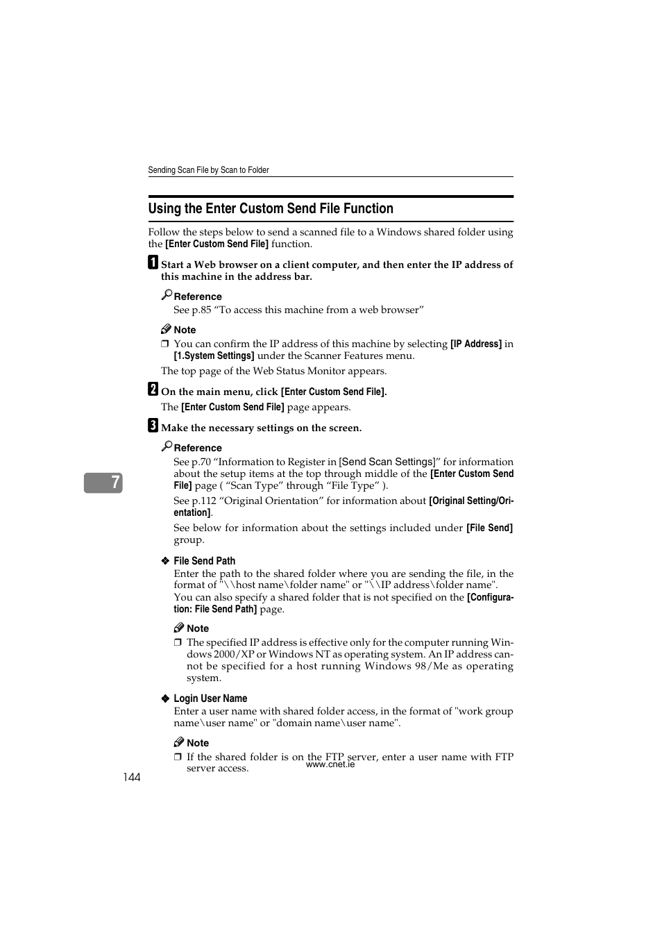 Using the enter custom send file function, P.144 “using the enter custom send file function | CNET ecopy Printer/Fax/Scanner/Copier User Manual | Page 152 / 222