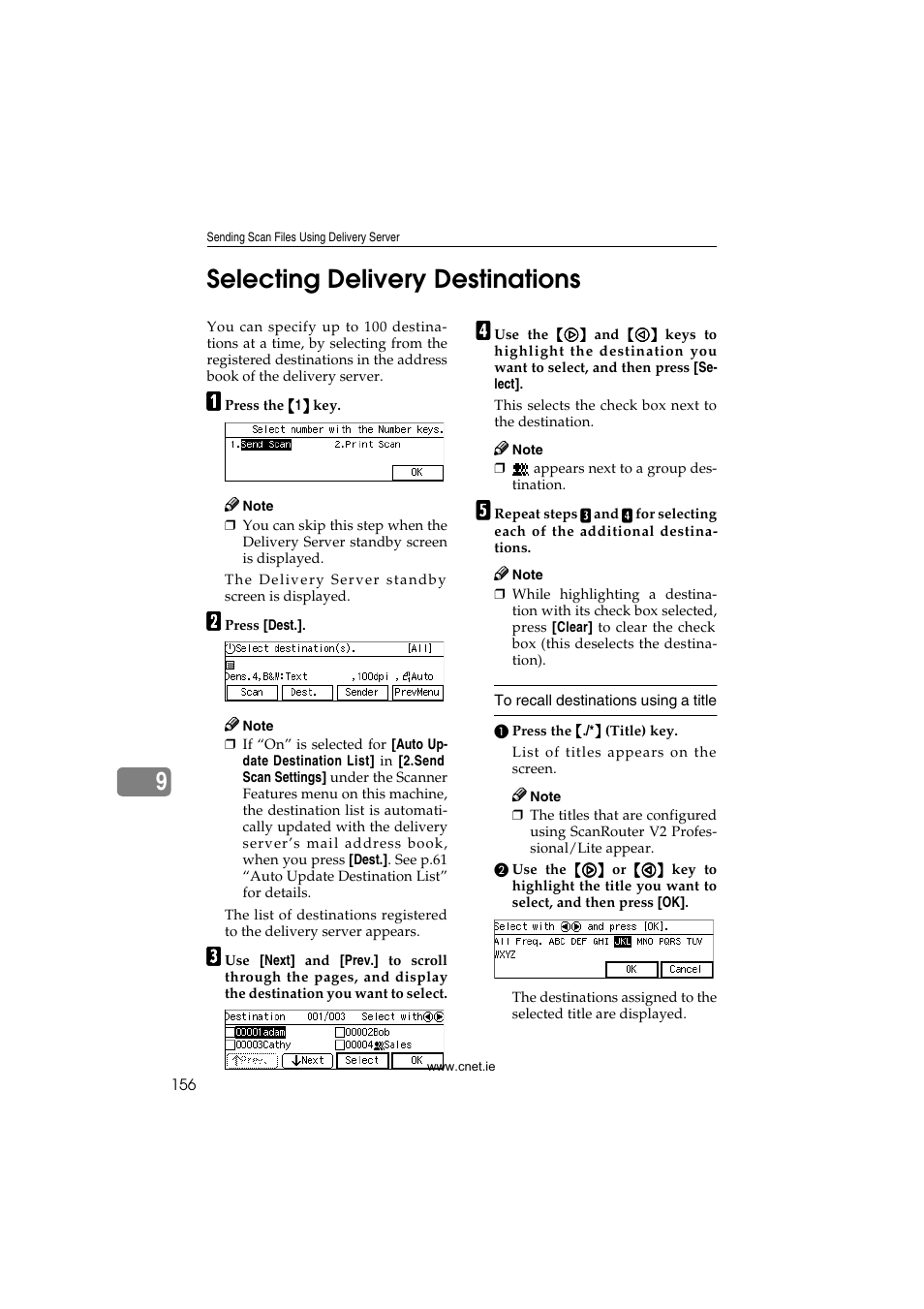 Selecting delivery destinations, P.156 “selecting de- livery destinations, 9selecting delivery destinations | CNET ecopy Printer/Fax/Scanner/Copier User Manual | Page 164 / 222