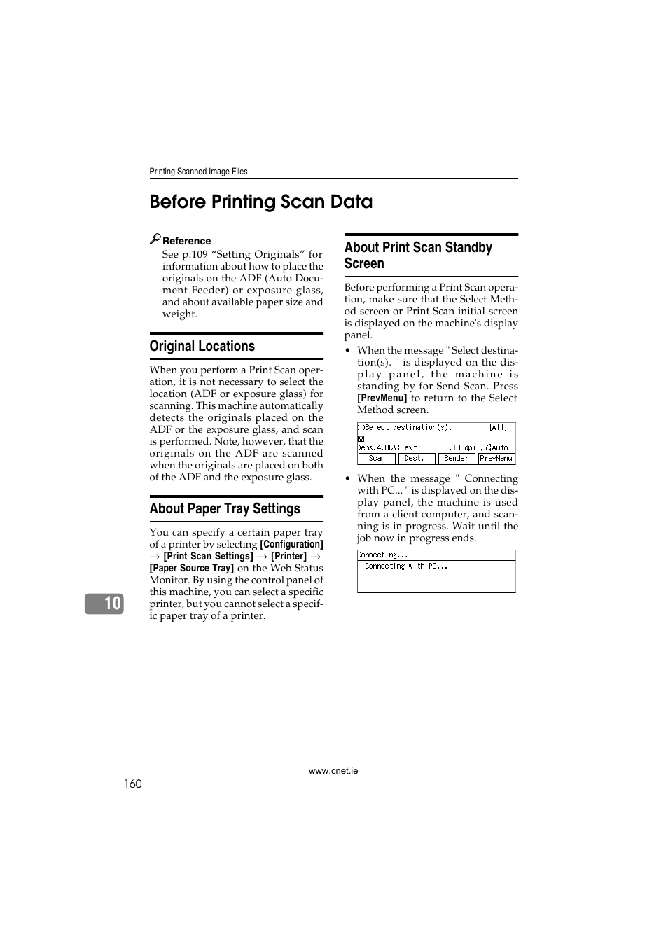 Before printing scan data, Original locations, About paper tray settings | About print scan standby screen, P.160 “before printing scan data, 10 before printing scan data | CNET ecopy Printer/Fax/Scanner/Copier User Manual | Page 168 / 222