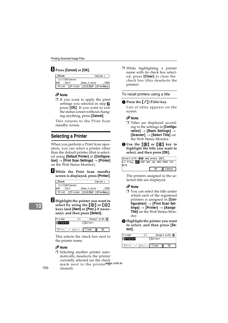 Selecting a printer, P.166 “selecting a printer | CNET ecopy Printer/Fax/Scanner/Copier User Manual | Page 174 / 222