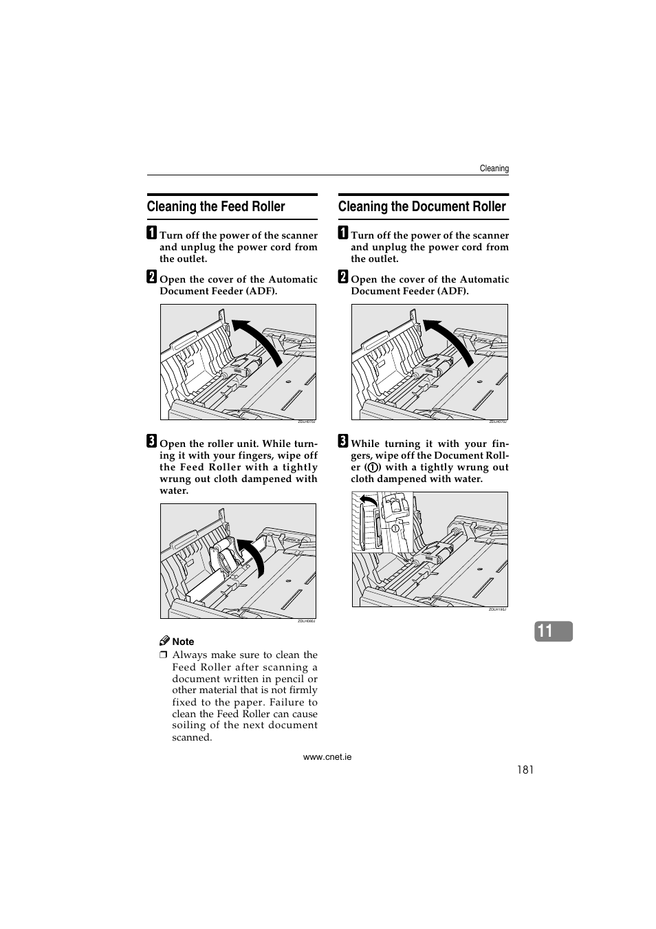 Cleaning the feed roller, Cleaning the document roller | CNET ecopy Printer/Fax/Scanner/Copier User Manual | Page 189 / 222