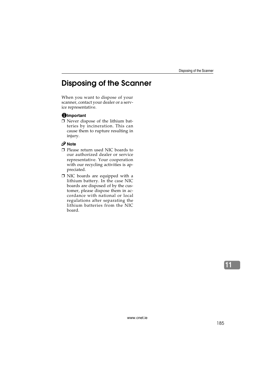 Disposing of the scanner, 11 disposing of the scanner | CNET ecopy Printer/Fax/Scanner/Copier User Manual | Page 193 / 222