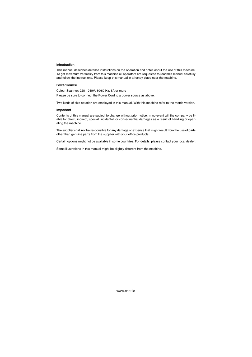 Introduction, Power source, Important | CNET ecopy Printer/Fax/Scanner/Copier User Manual | Page 2 / 222