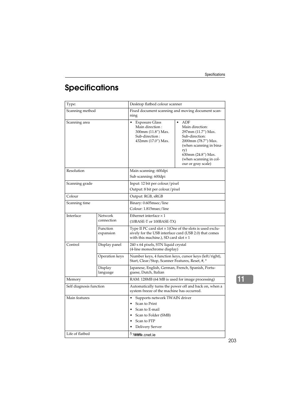 Specifications, 11 specifications | CNET ecopy Printer/Fax/Scanner/Copier User Manual | Page 211 / 222