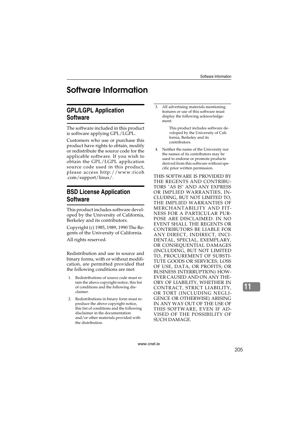Software information, Gpl/lgpl application software, Bsd license application software | 11 software information | CNET ecopy Printer/Fax/Scanner/Copier User Manual | Page 213 / 222