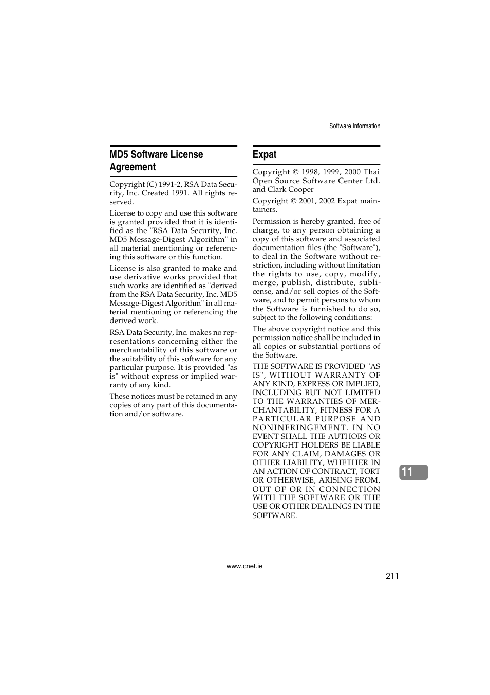 Md5 software license agreement, Expat, Md5 software license agreement expat | CNET ecopy Printer/Fax/Scanner/Copier User Manual | Page 219 / 222