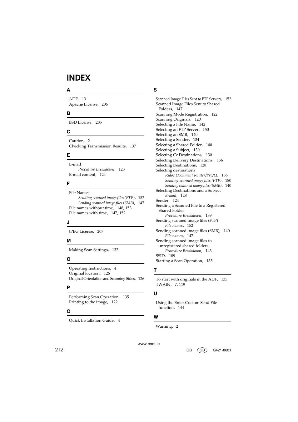 Index | CNET ecopy Printer/Fax/Scanner/Copier User Manual | Page 220 / 222
