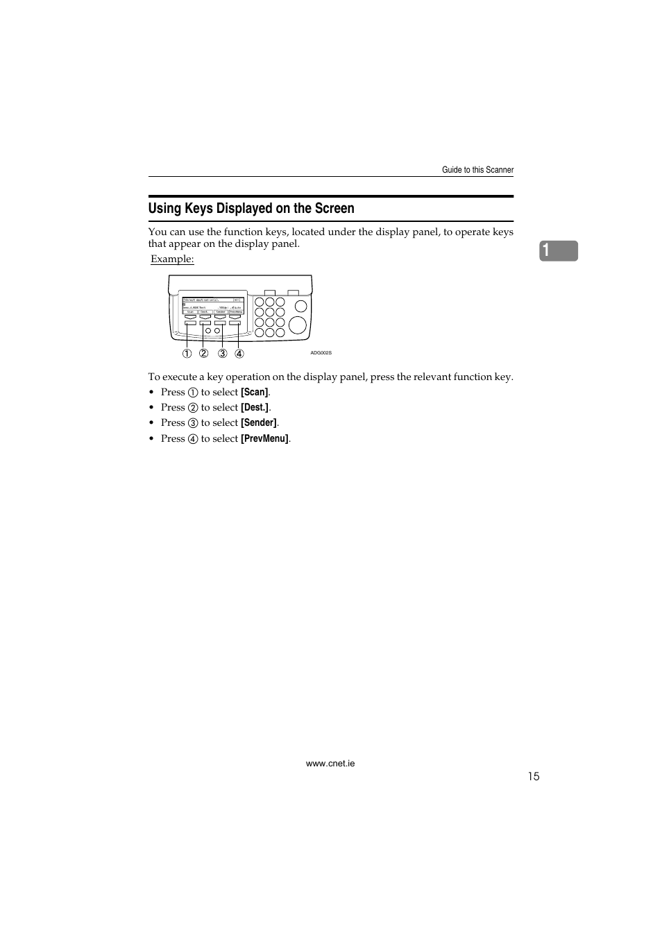 Using keys displayed on the screen | CNET ecopy Printer/Fax/Scanner/Copier User Manual | Page 23 / 222