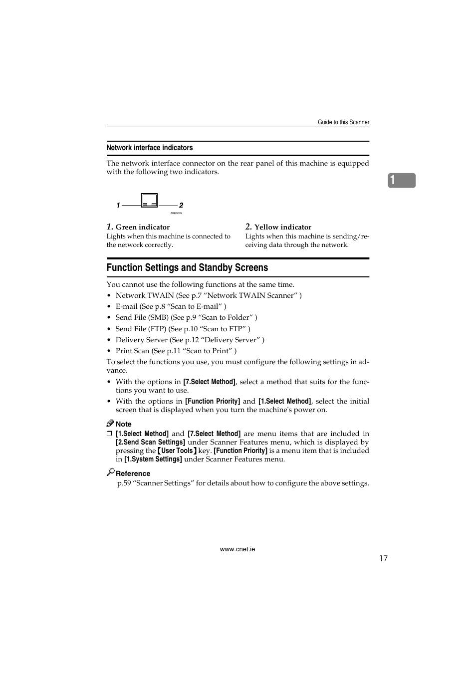 Network interface indicators, Function settings and standby screens | CNET ecopy Printer/Fax/Scanner/Copier User Manual | Page 25 / 222