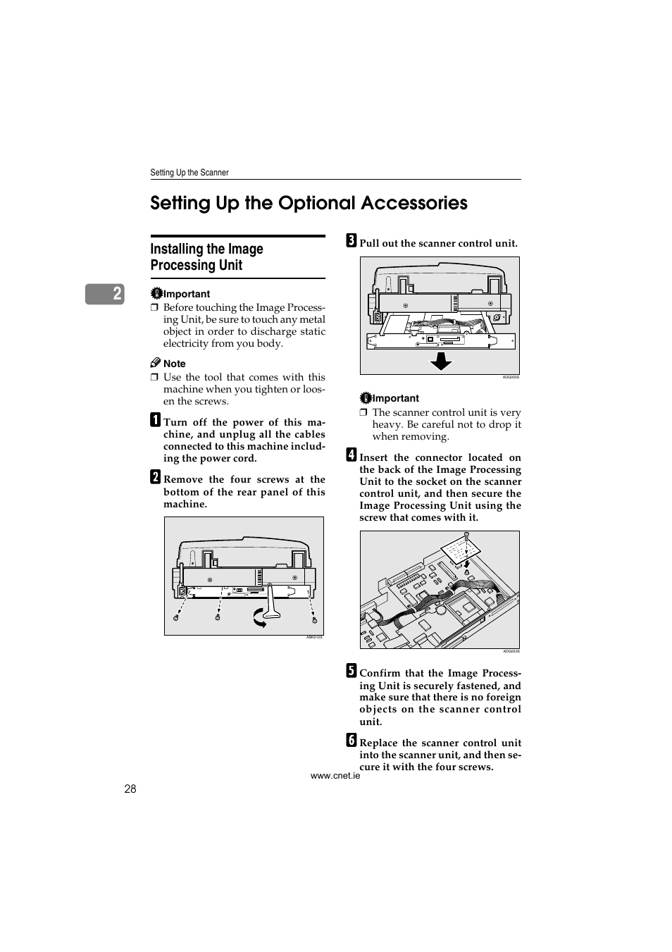 Setting up the optional accessories, Installing the image processing unit, 2setting up the optional accessories | CNET ecopy Printer/Fax/Scanner/Copier User Manual | Page 36 / 222