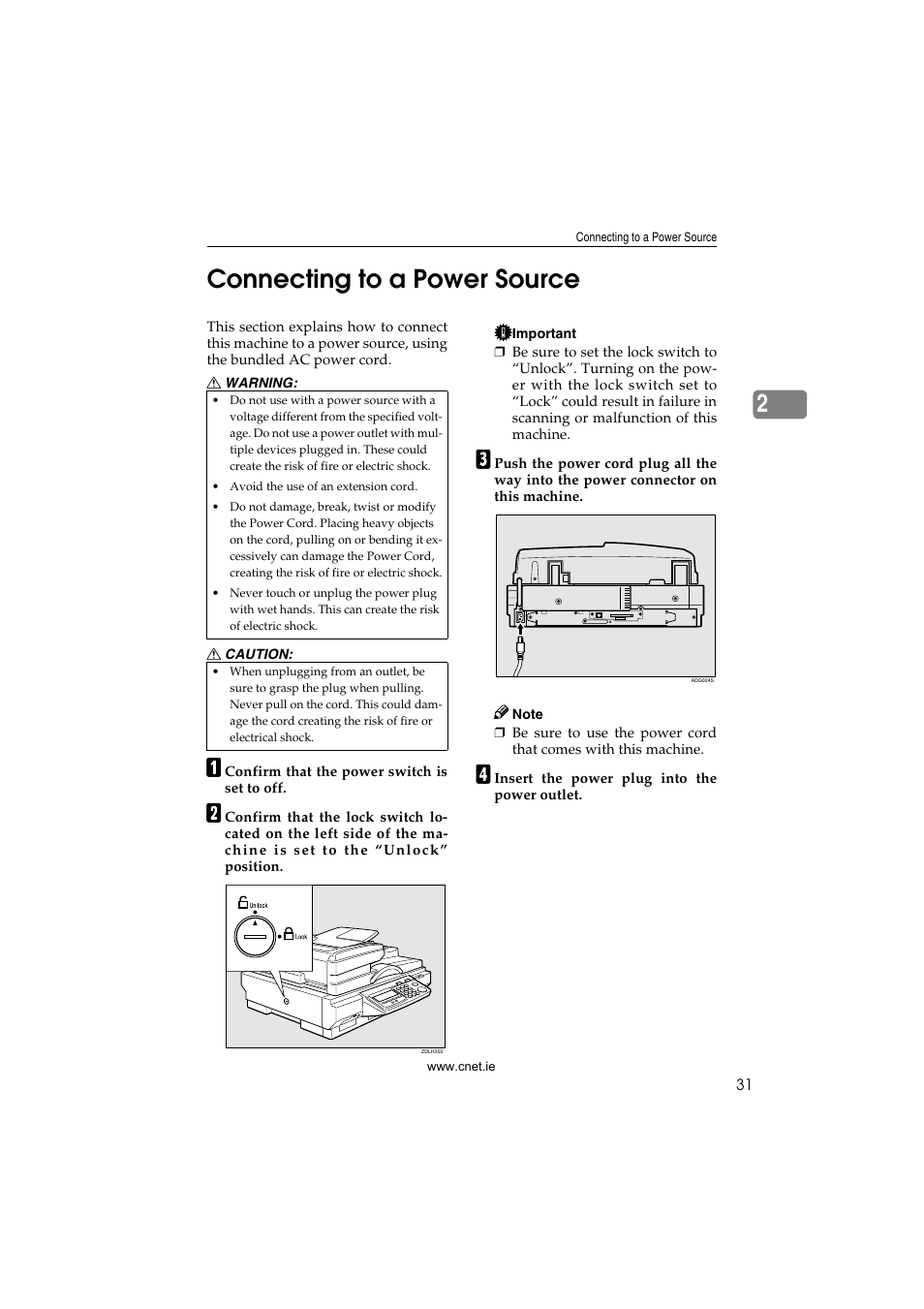 Connecting to a power source, 2connecting to a power source | CNET ecopy Printer/Fax/Scanner/Copier User Manual | Page 39 / 222