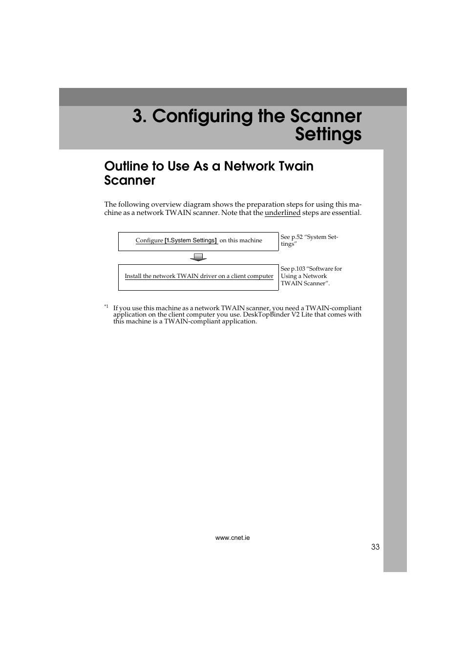  configuring the scanner settings, Outline to use as a network twain scanner, C onfiguring the s canner se ttings | Configuring the scanner settings | CNET ecopy Printer/Fax/Scanner/Copier User Manual | Page 41 / 222