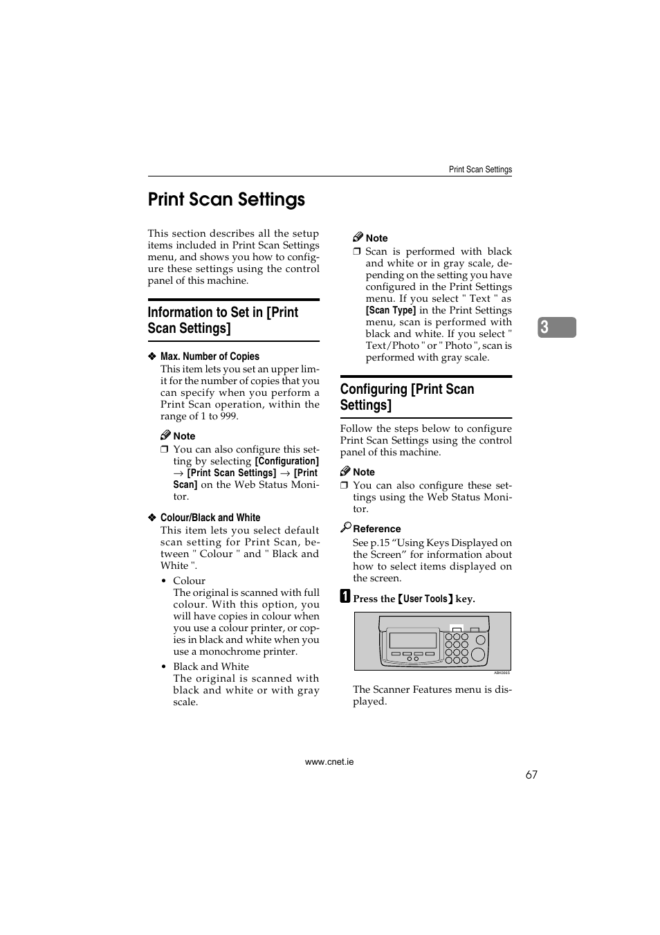 Print scan settings, Information to set in [print scan settings, Configuring [print scan settings | Ee p.67 “print scan settings” an, 3print scan settings | CNET ecopy Printer/Fax/Scanner/Copier User Manual | Page 75 / 222