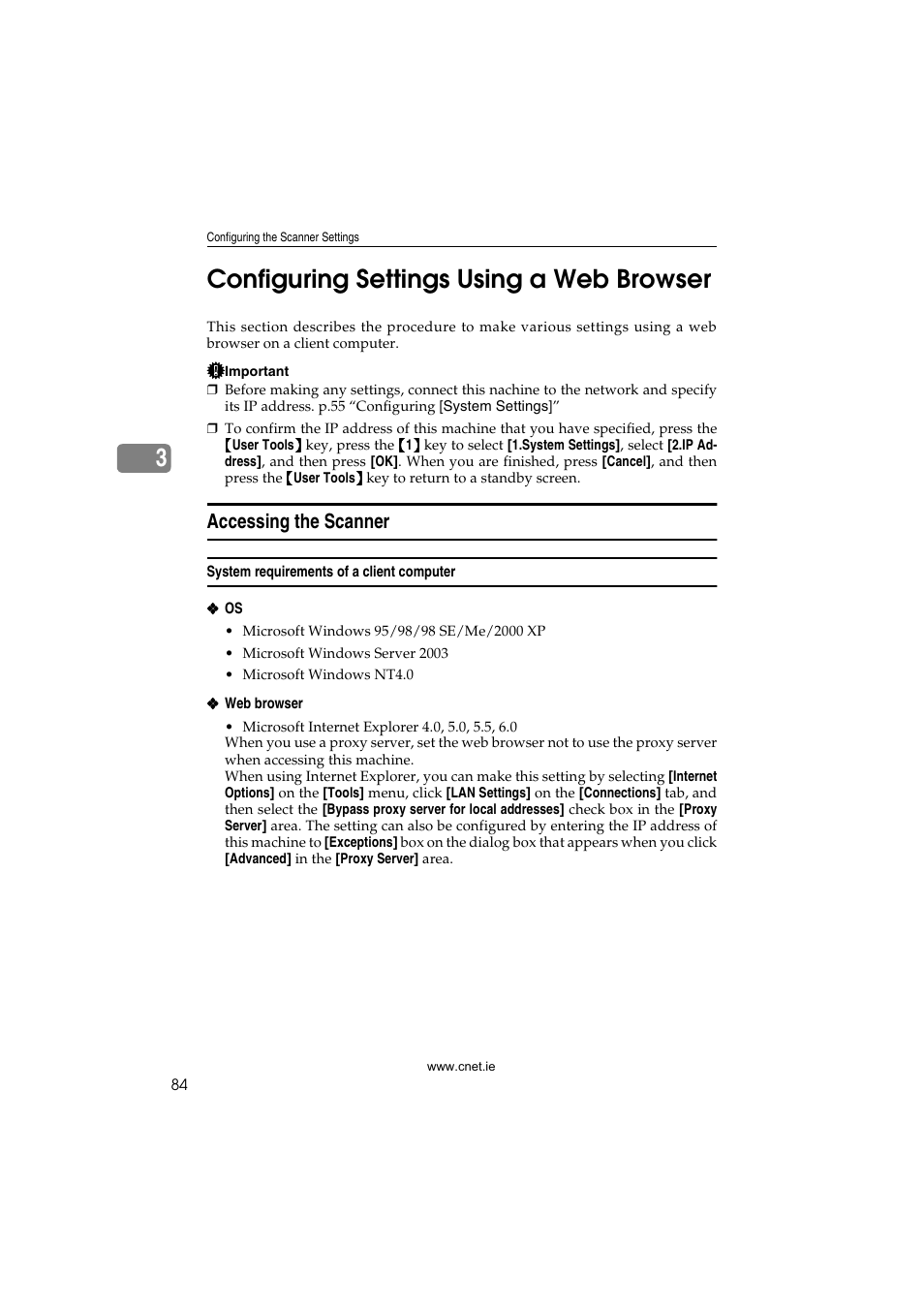 Configuring settings using a web browser, Accessing the scanner, System requirements of a client computer | P.84 “accessing the scanner, Ee p.84 “accessing the scanner, Nitor, see p.84 “accessing the scanner, 3configuring settings using a web browser | CNET ecopy Printer/Fax/Scanner/Copier User Manual | Page 92 / 222