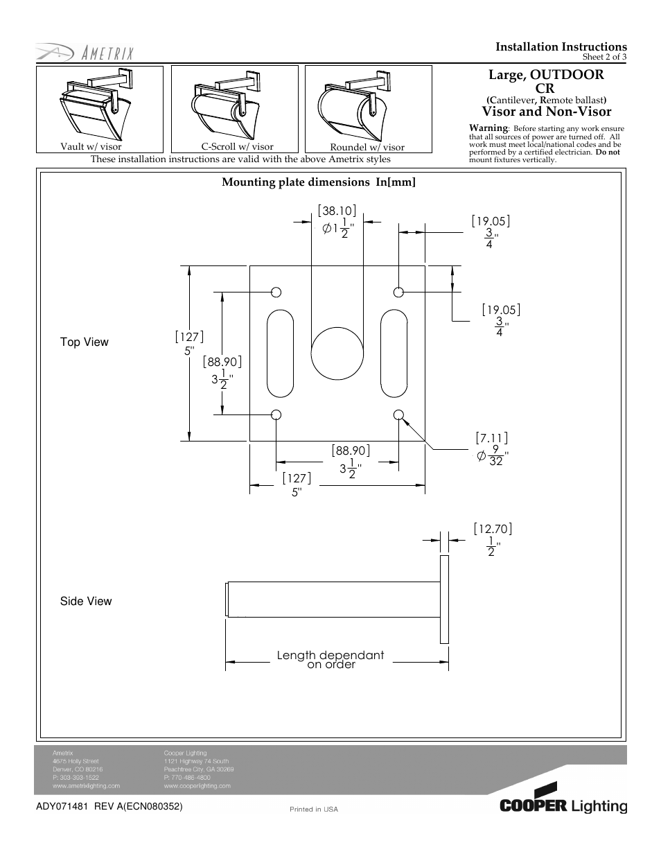Large, outdoor cr, Visor and non-visor | Cooper Lighting Ametrix ADY071481 User Manual | Page 2 / 3