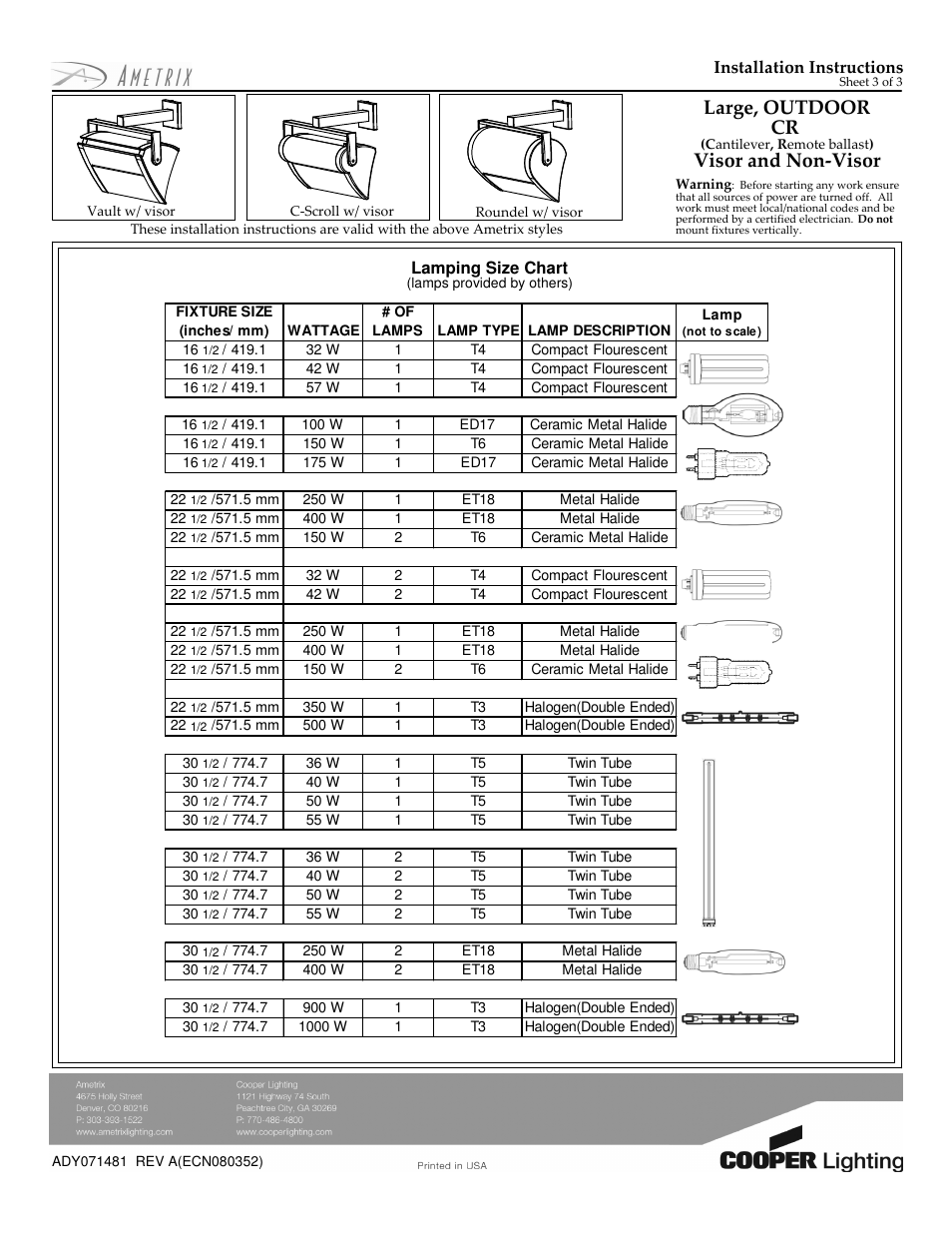 Large, outdoor cr, Visor and non-visor | Cooper Lighting Ametrix ADY071481 User Manual | Page 3 / 3
