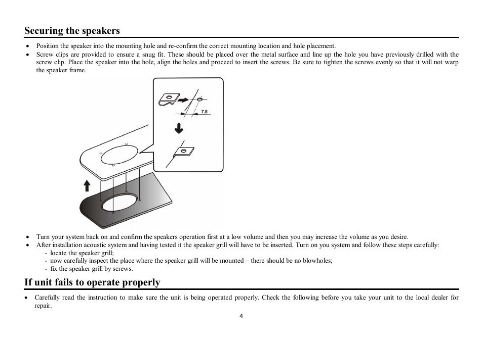 Securing the speakers, If unit fails to operate properly | Hyundai H-CSD693 User Manual | Page 4 / 11