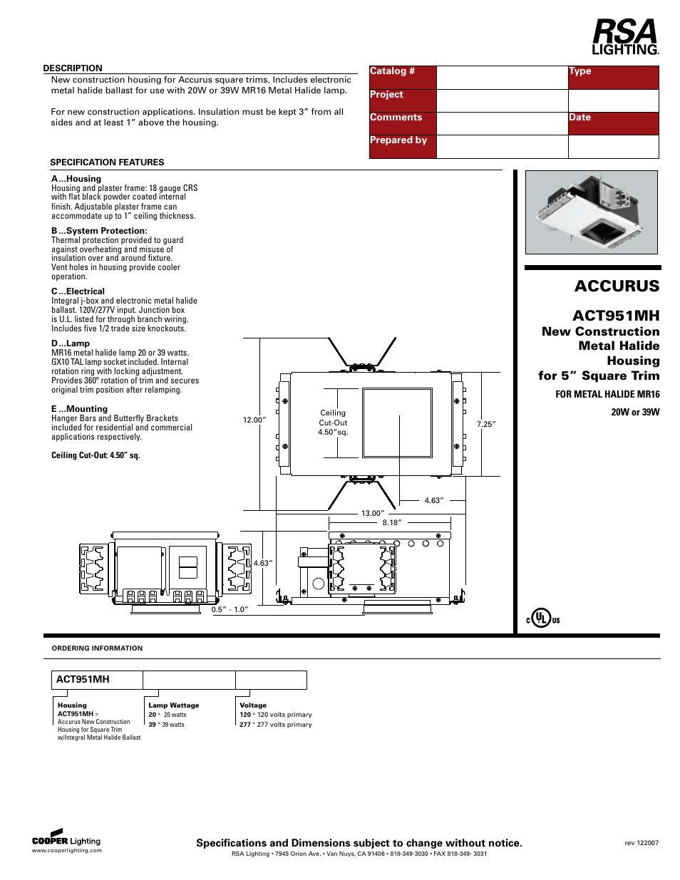 Cooper Lighting ACT951MH User Manual | 1 page