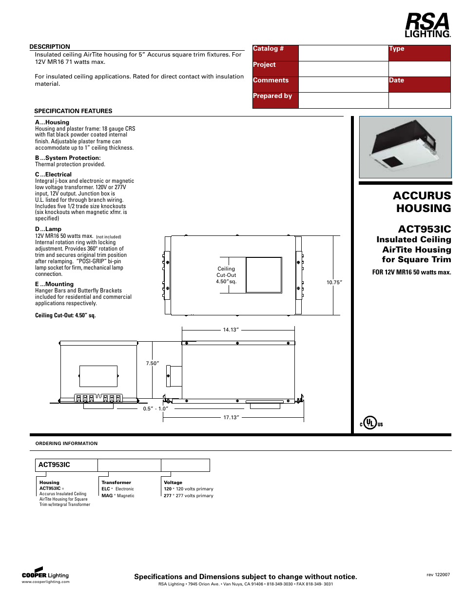 Cooper Lighting ACT953IC User Manual | 1 page
