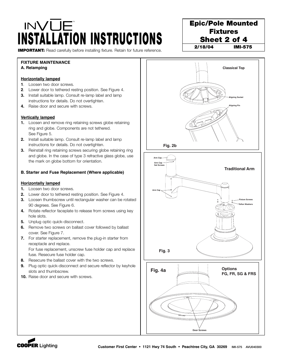 Installation instructions, Sheet 2 of 4, Epic/pole mounted fixtures | Cooper Lighting INVUE IMI-575 User Manual | Page 2 / 4
