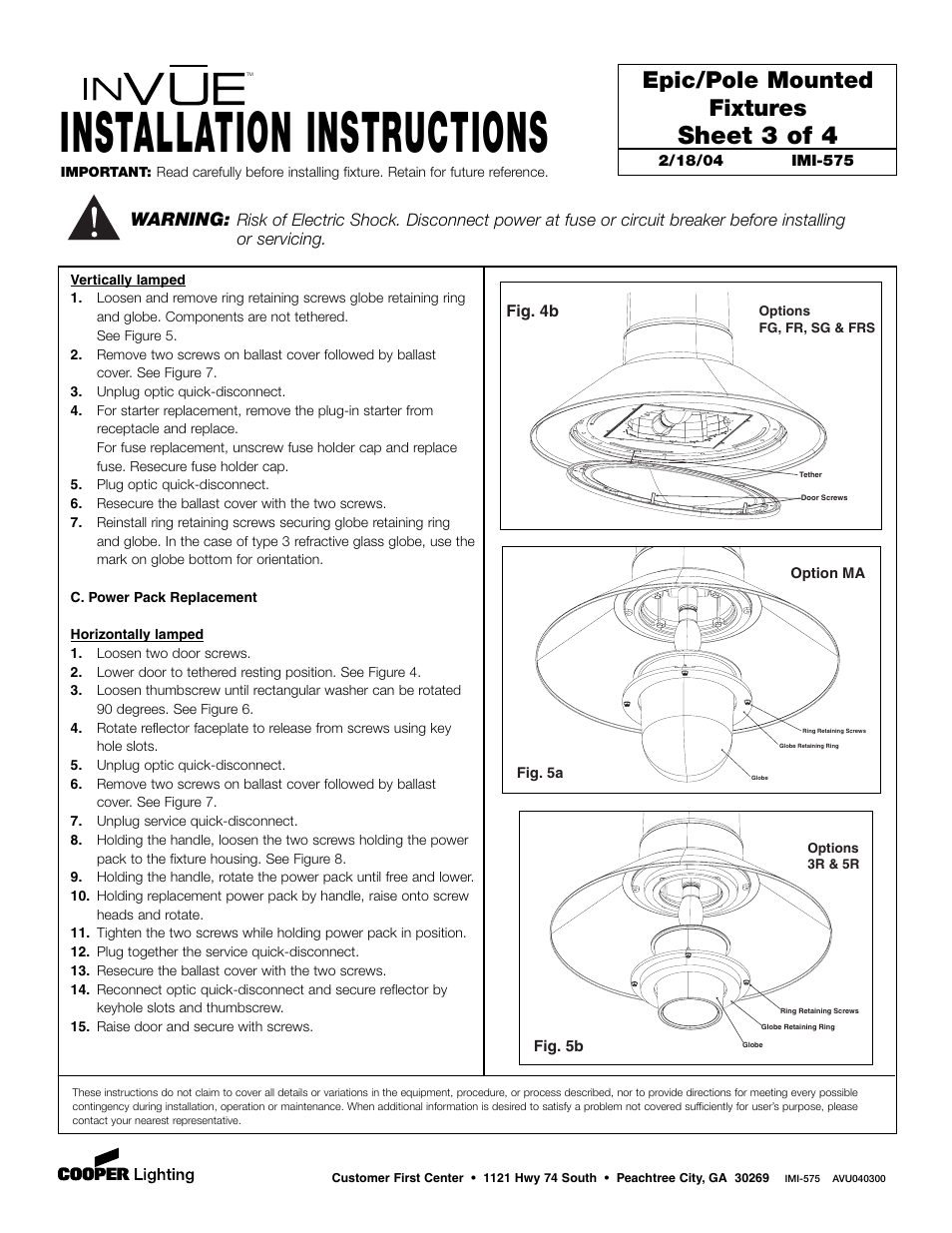 Installation instructions, Sheet 3 of 4, Epic/pole mounted fixtures | Warning | Cooper Lighting INVUE IMI-575 User Manual | Page 3 / 4