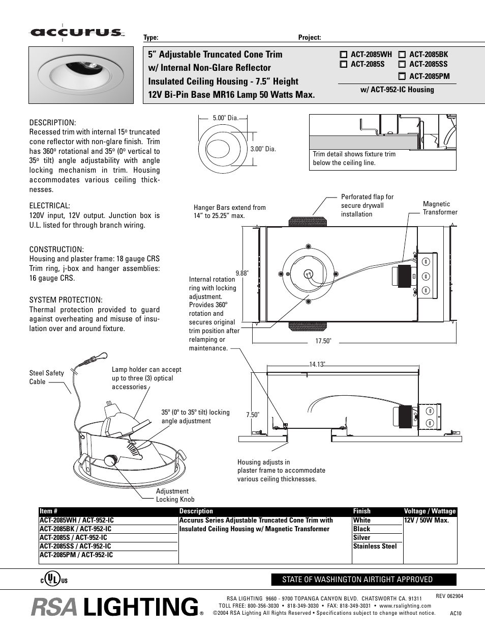 Cooper Lighting Adjustable Truncated Cone Trim w/ Internal Non-Glare Reflector ACT-2085BK User Manual | 1 page