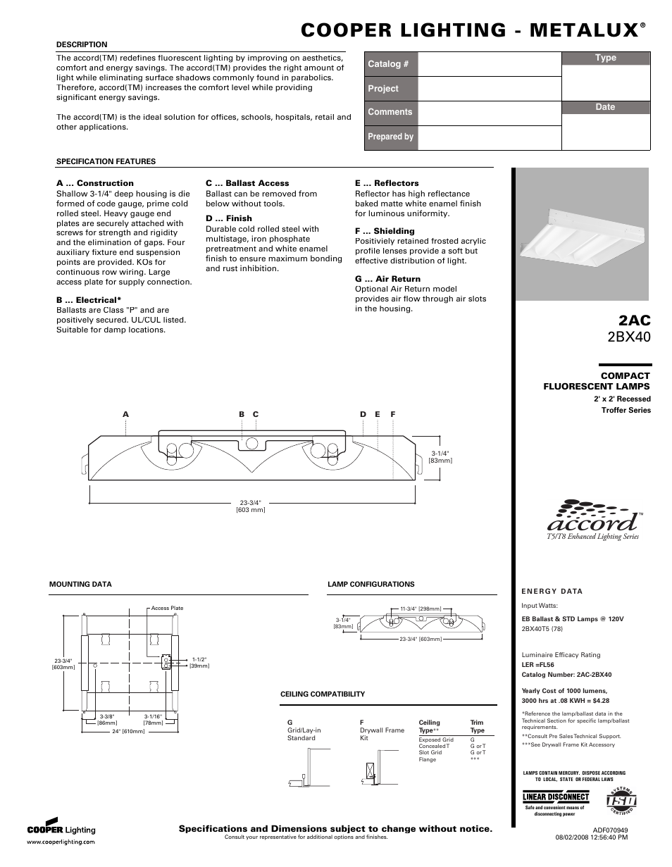 Cooper Lighting 2BX40 User Manual | 2 pages