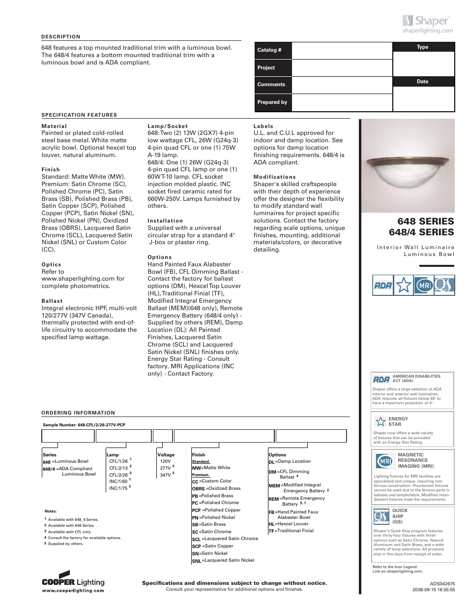 Cooper Lighting 648/4 User Manual | 2 pages