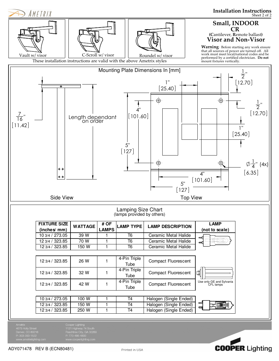 Small, indoor cr, Visor and non-visor | Cooper Lighting ADY071478 User Manual | Page 2 / 2