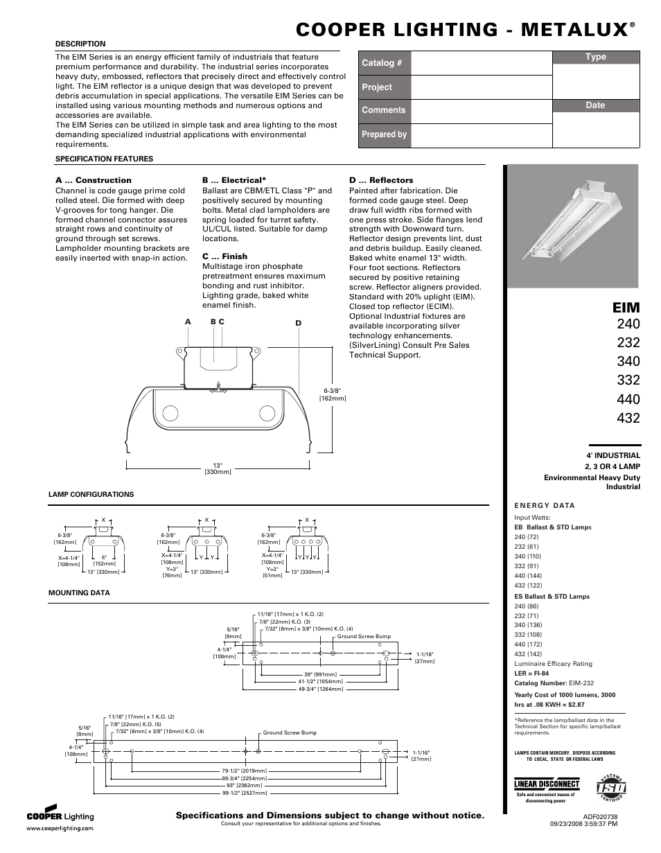 Cooper Lighting Metalux 232 User Manual | 2 pages