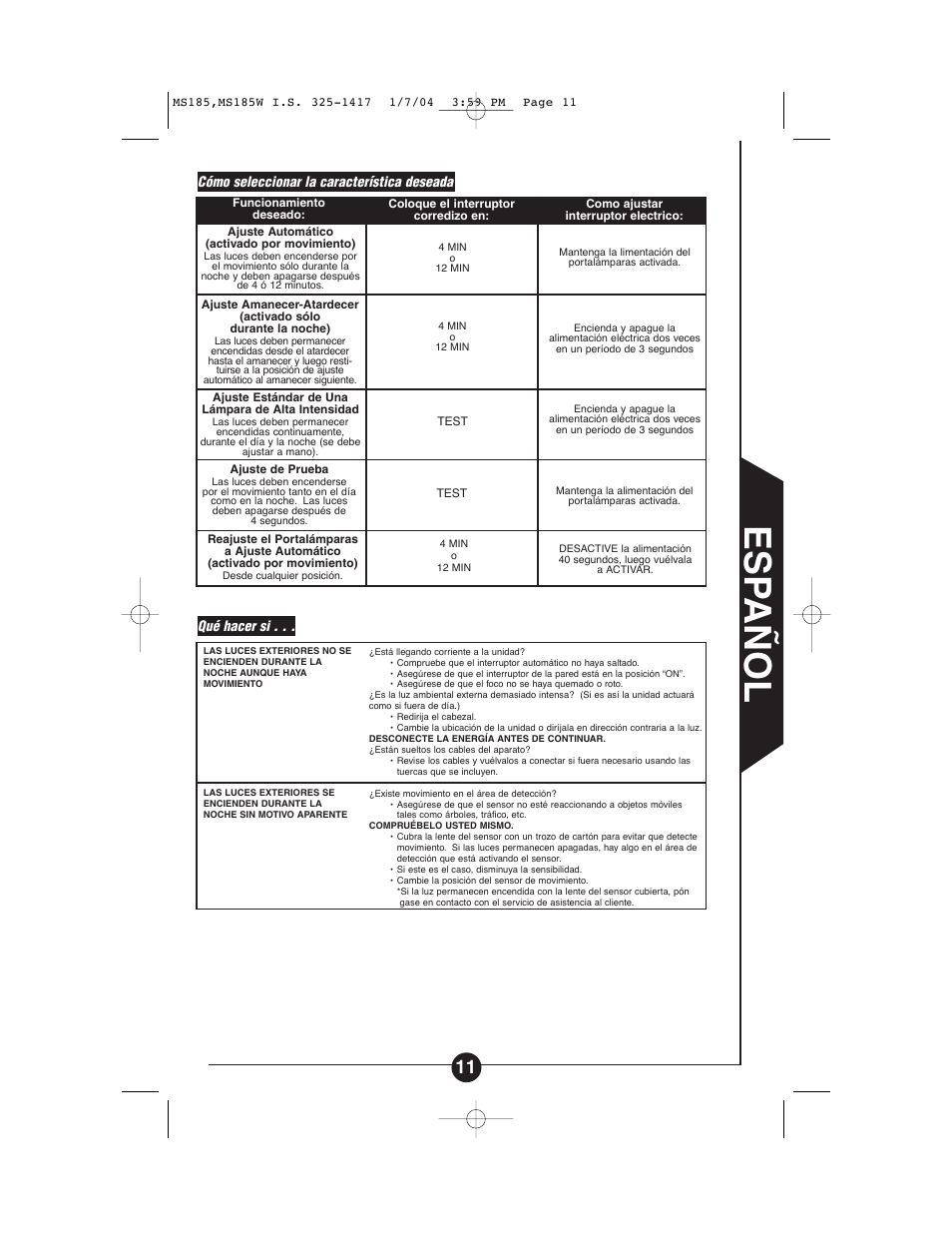 Esp añol | Cooper Lighting MS185 User Manual | Page 11 / 20