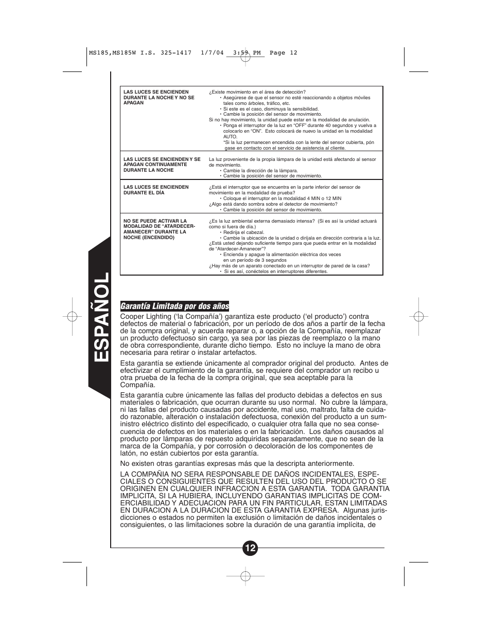 Esp añol, Garantía limitada por dos años | Cooper Lighting MS185 User Manual | Page 12 / 20
