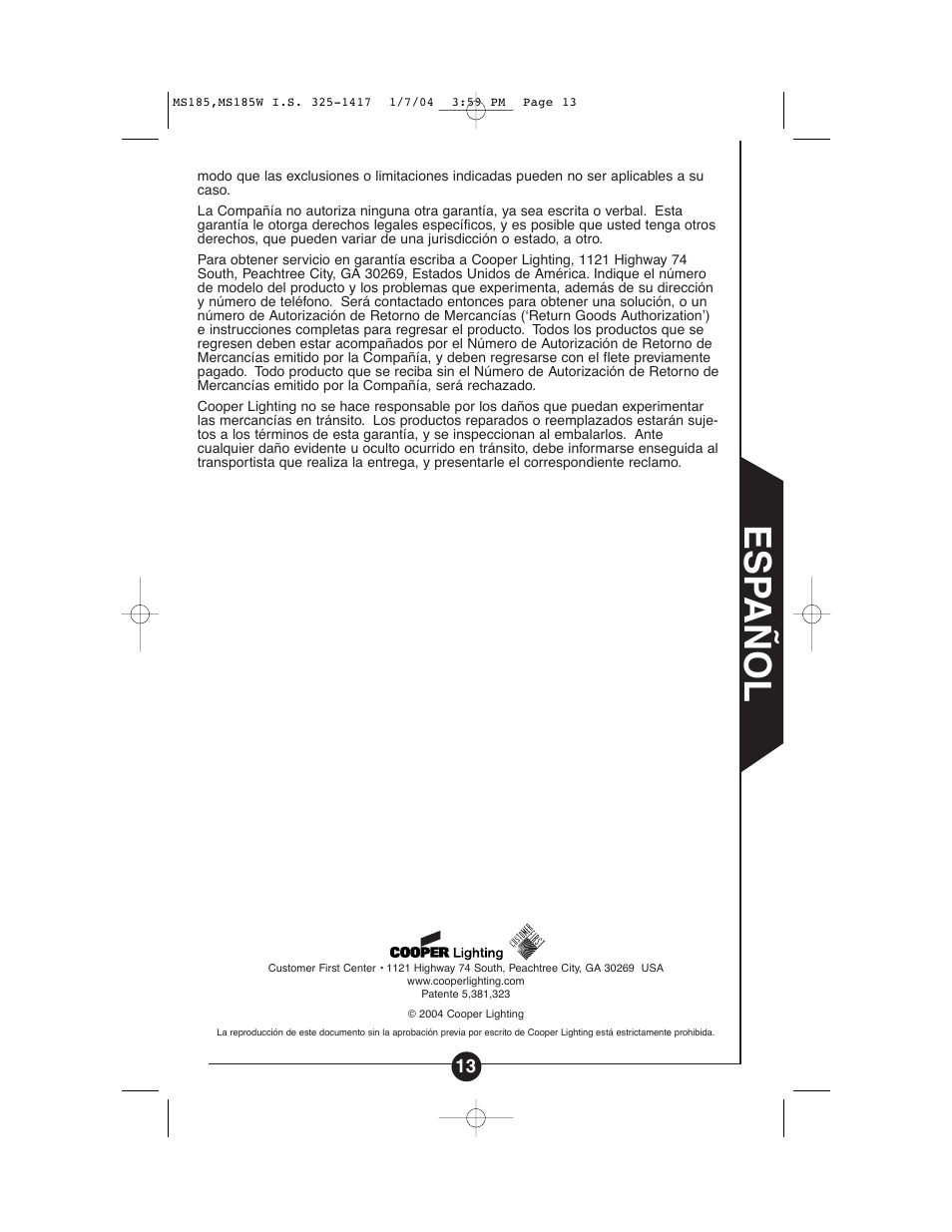 Esp añol | Cooper Lighting MS185 User Manual | Page 13 / 20