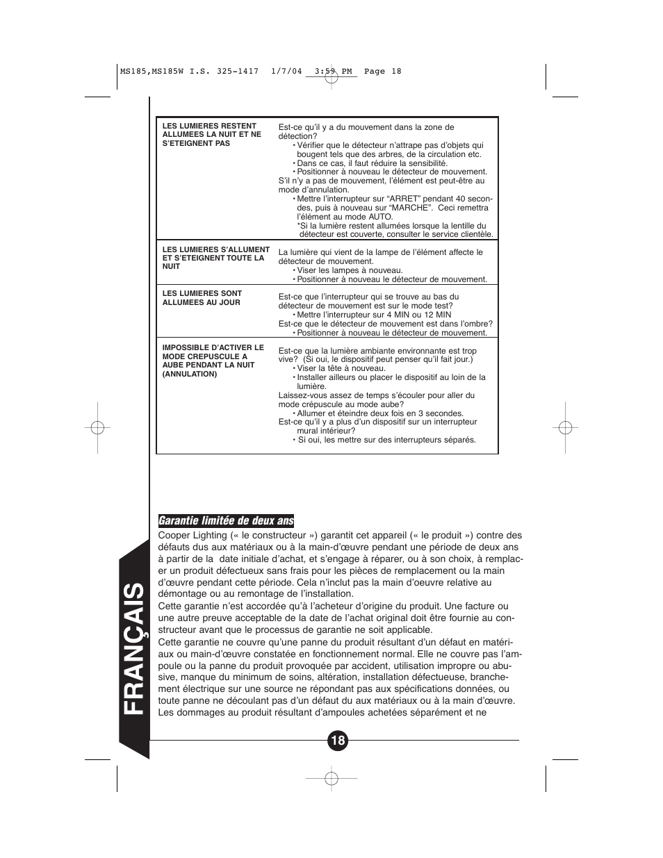 Français | Cooper Lighting MS185 User Manual | Page 18 / 20